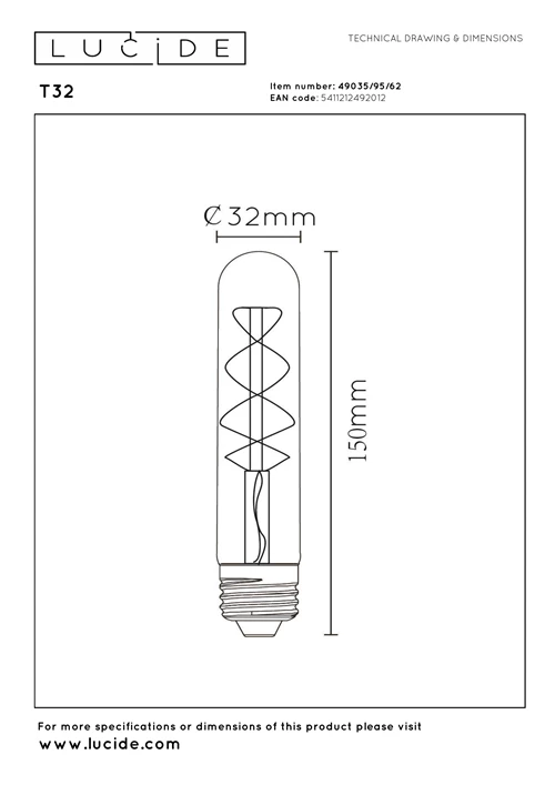Lucide T32 - Glühfadenlampe - Ø 3 cm - LED 3 StepDim (Memory) - E27 - 1x4,9W 2200K - Amber - technisch